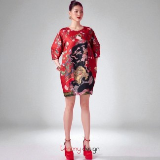 Red Cocoon brocade dress with woman pattern